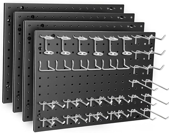 Heavy Duty 4 Panel 16" X 12" Metal Peg Board with 32 Varied Sturdy Hooks, Used for Tool Storage and Garage Organization. Peg Board Organizer Accessories, Black