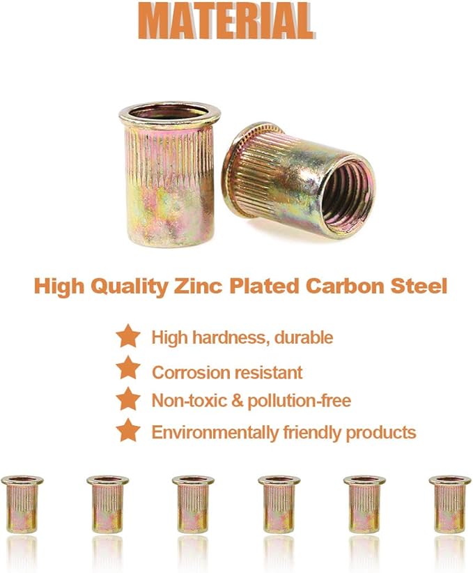Keadic 150Pcs M6 Rivet Nuts Metric Zinc Plated Rivet Nut Carbon Steel Rivet Nut Flat Head Threaded Insert Kit Threaded Rivet Insert Nutsert Rivnuts Kit for Furniture