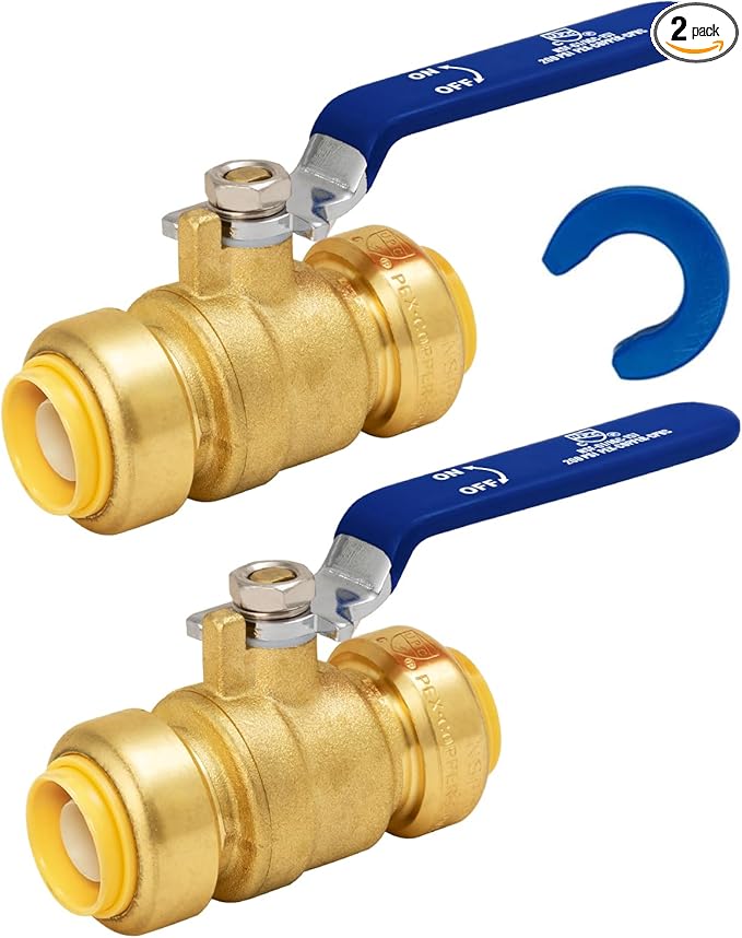 Shut Off Ball Valve 1 Inch, SUNGATOR 1 Inch Ball Valve, Push-to-Connect Water Shutoff wsith Blule Handle, No Lead Brass Plumbing Fittings for PEX Pipe, Copper, CPVC, Pack of 2