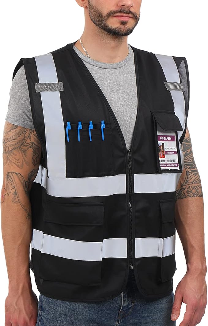 Dib Safety Reflective Vest High Visibility with Pockets and Zipper, Black 2XL