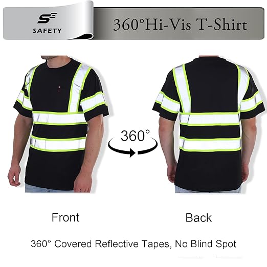 sesafety High Visibility Shirts for Mens Class 3 Hi Vis Reflective Construction Shirts for Men with Pocket Safety T Shirts for Men Work Shirt for Mens Short Sleeve Black Yellow Strips 4XL