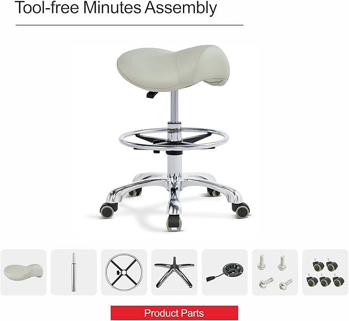 Grace&Grace Ergonomic Rolling Saddle Stool Chair with Wheels Adjustable Swivel Stool with Back and Footrest Heavy Duty for Esthetician, Artist, Dental, Medical, Spa, Salon, Cutting, Home Office