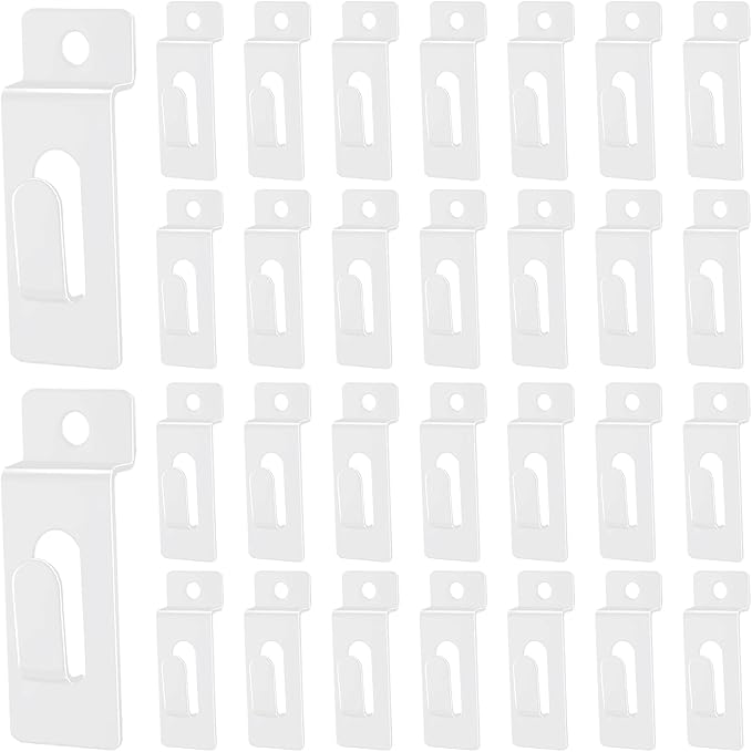 30Pcs Slatwall Utility Notch Hooks, Slat Wall Picture Display Hooks Hanger Panel Shelf Pegboard Slatwall Accessories for Photo Frame Painting Arts Hanging Home Office (White)