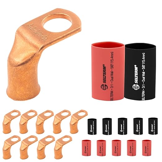 SELTERM 10pcs - 2 AWG 3/8" Stud - 90° Bent Battery Lugs - Ring Terminal Connectors with 12pcs 3:1 Black & Red 5/8" Heat Shrink Tubing - Heavy Duty Battery Cable Ends - Bare Copper Wire Connectors Kit
