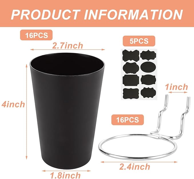 16 Sets Pegboard Hooks with Pegboard Cups, Ring Style Pegboard Bins with Rings
