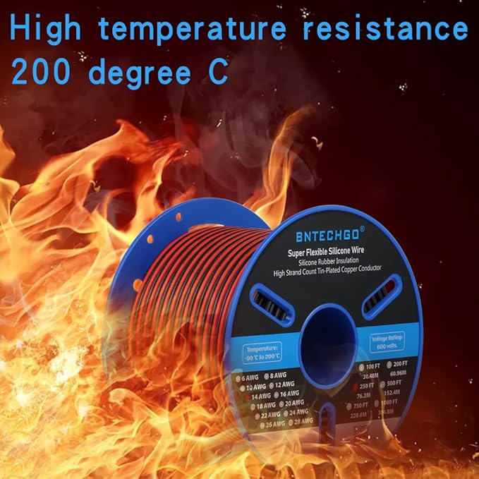 BNTECHGO 14 Gauge Flexible 2 Conductor Parallel Silicone Wire Spool Red Black High Resistant 200 deg C 600V for Single Color LED Strip Extension Cable Cord,Model,250ft Stranded Tinned Copper Wire