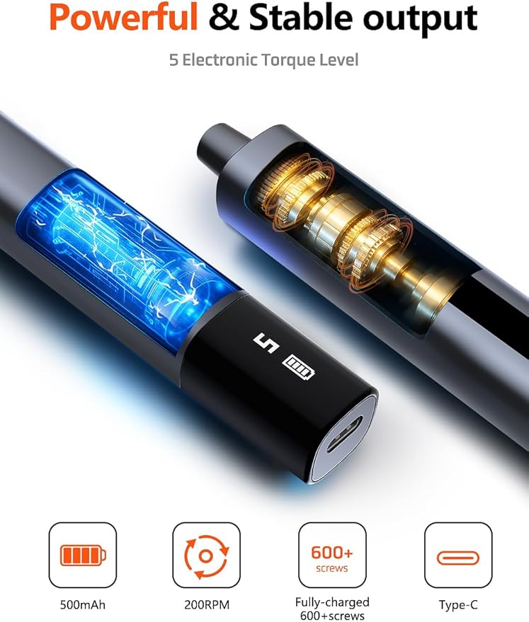 Mini Electric Screwdriver Set, Small Electric Precision Screwdriver with 5 Torque Levels, Max 0.75N.m, 500mAh Battery, 50-in-1 Cordless Power Screwdriver Kit for Laptop, Phone & Electronics Repair