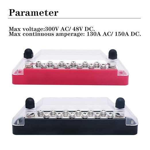 Bus Bar Terminal Block 12V Power Distribution Block with 2 x 1/4" Posts and 12 x #8 Screws Terminals Marine Bus Bar with Ring Terminals Cover for Automotive Car Boat RV Truck (Red, Black)