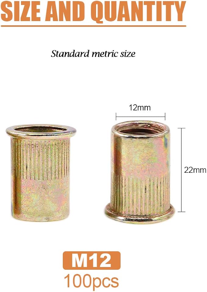 Keadic 100Pcs M12 Rivet Nuts Metric Zinc Plated Rivet Nut Carbon Steel Rivet Nut Flat Head Threaded Insert Kit Threaded Rivet Insert Nutsert Rivnuts Kit for Furniture