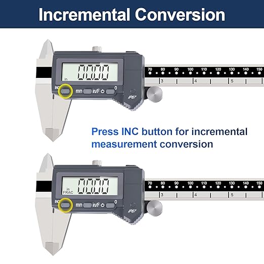 PEC Tools 6 Inch/150mm Digital Caliper & Made in US 6 Inch 16R Rule (32nds,64ths,50ths,100ths), Industrial-Grade Stainless Steel Caliper, IP67 Waterproof & Oil-Resistant, Inch/MM/Fraction Modes