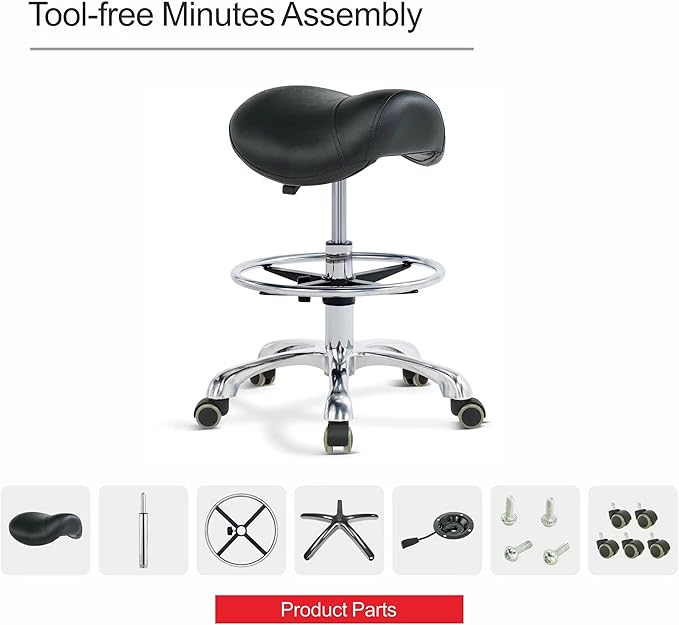 Grace&Grace Ergonomic Rolling Saddle Stool Chair with Wheels Adjustable Swivel Stool with Back and Footrest Heavy Duty for Esthetician, Artist, Dental, Medical, Spa, Salon, Cutting, Home Office