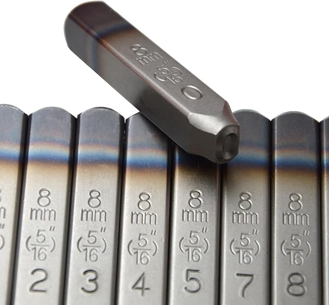 9pcs Heavy Duty Steel Stamp Uppercase Numbers 5/16 8mm Hand Stamping Serial Mark Code Alphabet Punch Kit for Jewelry Metal Sheet Plate Mold Die Making