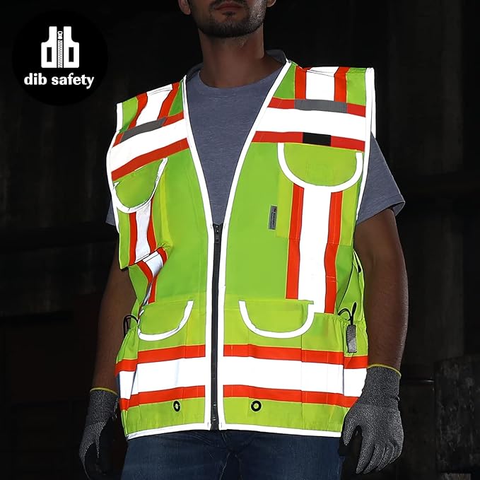 Dib Safety Reflective Vest Heavy Duty, High Visibility Two Tone Engineer Vest, Made with 3M Tape, Padded Collar, Retractable ID Pocket, Yellow L