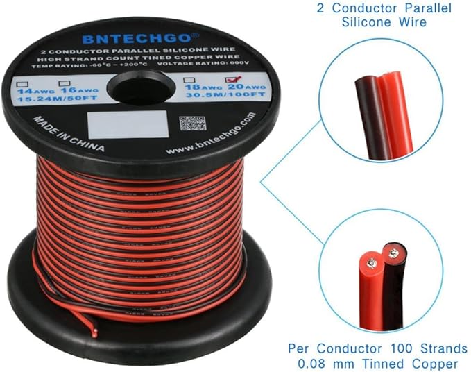 BNTECHGO 20 Gauge Flexible 2 Conductor Parallel Silicone Wire Spool Red Black High Resistant 200 deg C 600V for Single Color LED Strip Extension Cable Cord,Model,100ft Stranded Tinned Copper Wire