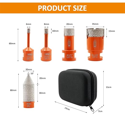 BGTEC Diamond Core Drill Bit Kit - 5pcs, 5/8"-11 Thread, 6/8/20/35mm+0-20mm Chamfer Bit - Porcelain Tile, Ceramic, Marble, Brick