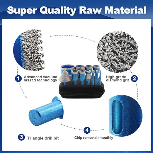 Tile Hole Saw Kit Diamond- BRSCHNITT 11pcs Diamond Core Drill Bit for Porcelain Tile Ceramic Marble Granite Drilling Triangle Shank