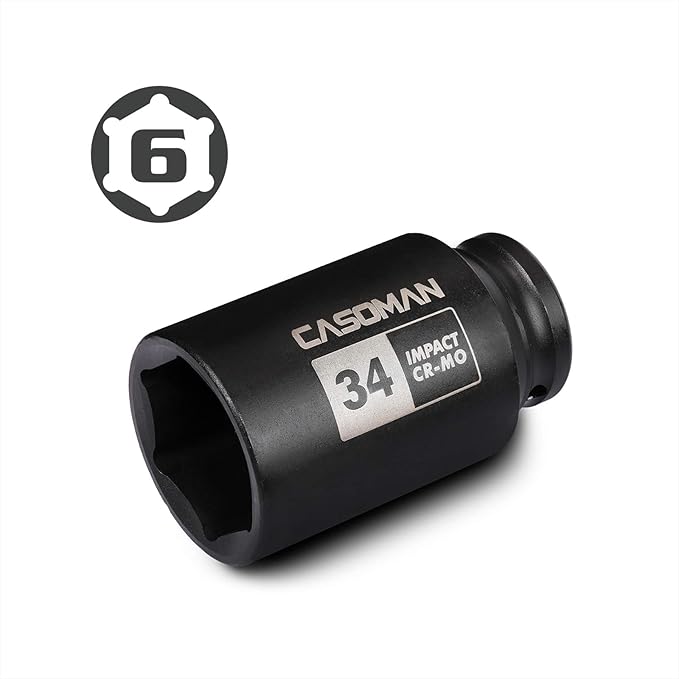 CASOMAN 1/2" Drive x 34 mm Deep 6 PT Impact Socket, CR-MO, 1/2-inch Drive 6 Point Axle Nut Socket for Easy Removal of Axle Shaft Nuts (34MM)