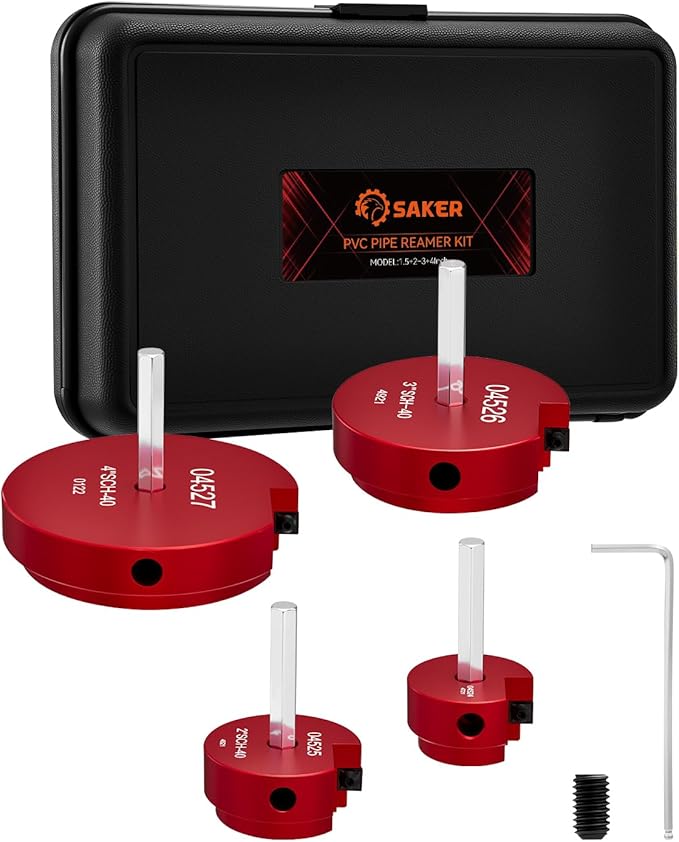 Saker PVC Pipe Reamer Kit, PVC Fitting Saver with 1-1/2inch,2inch,3inch,4inch Head, For SCH40, ABS Pipe,CPVC Perfect for Plumbing Repairs, Fits Standard 1/2" Drill