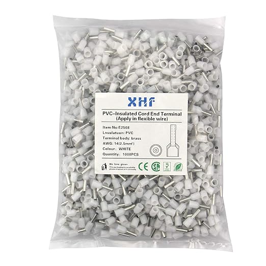 XHF 1000 PCS AWG 14/2.5mm² Wire Ferrules Insulated Copper Crimp Connectors, Crimp Pin Cord End Terminals White