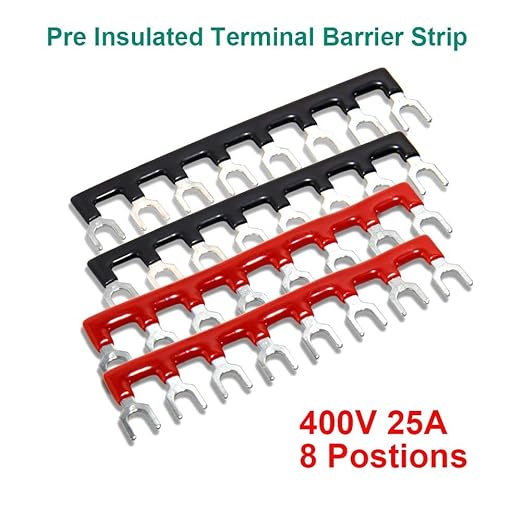 MILAPEAK Terminal Block and Strip - 4pcs 8 Position 600V 25A Dual Row Screw Terminals with Cover + 4pcs Pre-Insulated Barrier Jumper Strips Black & Red + Insulated Fork Wire Connectors