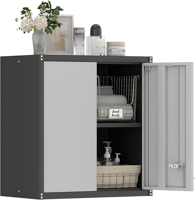 GREATMEET 27.95" H Lockable Storage Cabinet, Metal Garage Storage Cabinets, Wall Storage Cabinet for Utility Room, Black&Grey