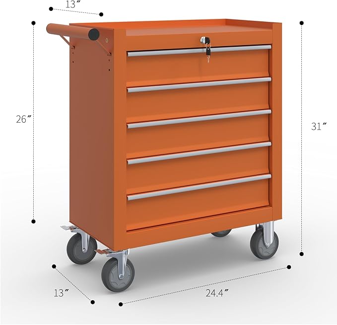 5-Drawer Rolling Tool Box, Metal Tool Chest with Wheels and Locking, Portable for Warehouse, Garage, Repair Shop, Workshop (Orange, 5-Drawer)