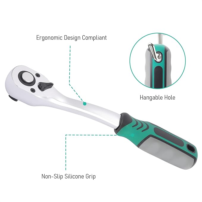 1/2 Inch Drive Ratchet Wrench, 72-Tooth Reversible Ratchet Quick Release, w/ 10 CR-V Steel Metric Sockets (10mm-24mm) and Extension Bar