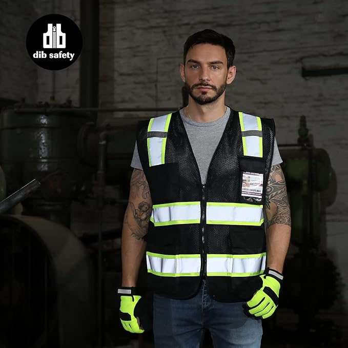 Dib Safety Reflective Mesh Vest High Visibility Two Tone with Pockets and Zipper, Black Mesh with Yellow Trim L