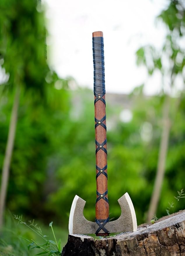 Double-Headed Viking Battle Axe with Leather Sheath, Hand Forged Steel, Wooden Handle, Camping, Hinking, Hunting, Gift, Hatchet Axe
