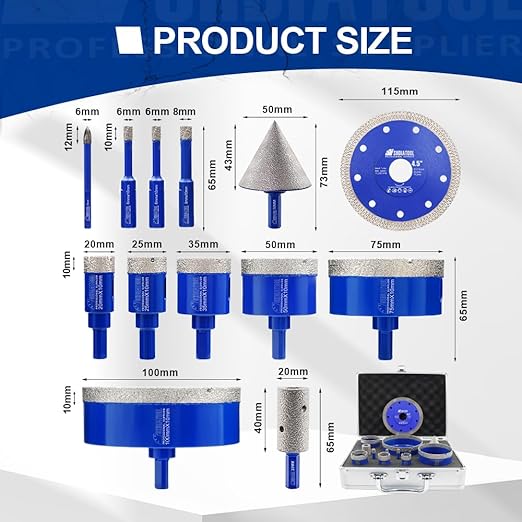 SHDIATOOL Diamond Tile Drill Bits Kit 13pcs, Porcelain Hole Saw Sets, Core Bits Cutter for Drilling Ceramic Marble Granite (6/6/8/20/25/35/50/75/100/20MM/2/6MM/4.5“)