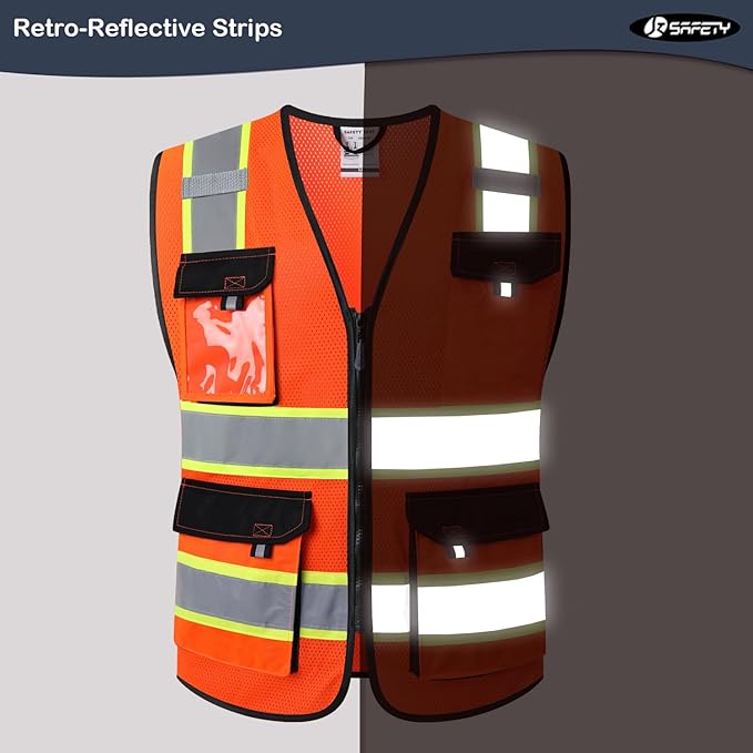 JKSafety Hi Vis Reflective Safety Vests for Men Women High Visibility Vest with Pockets Mesh Fabric Construction Safety Apparel Neon Vest for Work (220-Orange L)