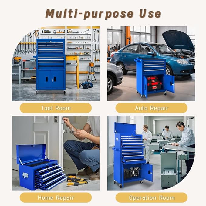 13-Drawer Double Doors Handle Rolling Tool Chest, 2 in 1 Detachable Rolling Tool Chests, Large Tool Boxes with lock, Metal Standing Tool Cabinet for Garage Workshop(Blue)