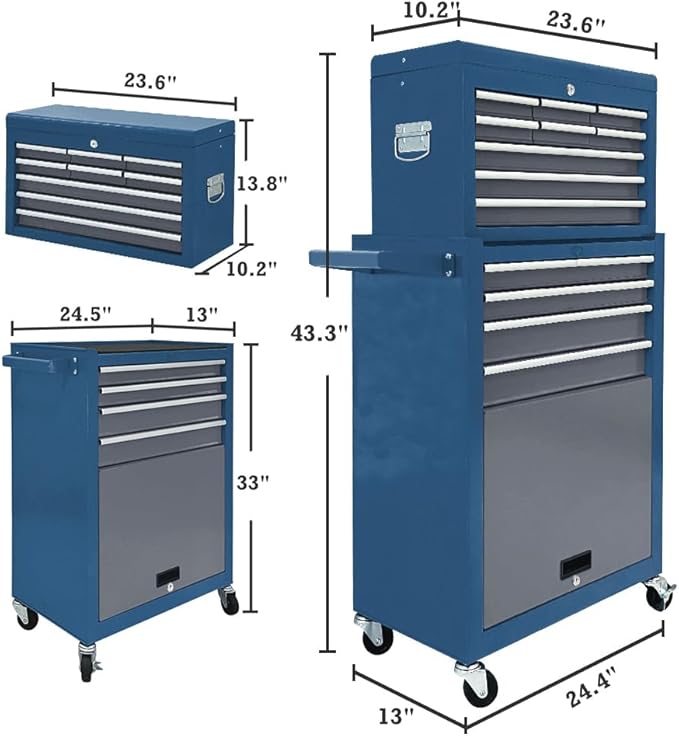 13 Drawer Rolling Tool Chest with Wheels, 2 in 1 Detachable Tool Chest with Drawers, Large Tool Box with Lock, Metal Tool Cabinet for Garage Workshop(Blue-Gray)