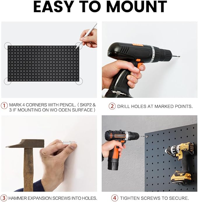 Pegboard, Metal Peg Board, Pegboards Wall Organizer with 76 Pcs Hooks, Sturdy Peg Board for Garage Tool Organization, Home & Office Wall Decoration (Black, 4 Pack)
