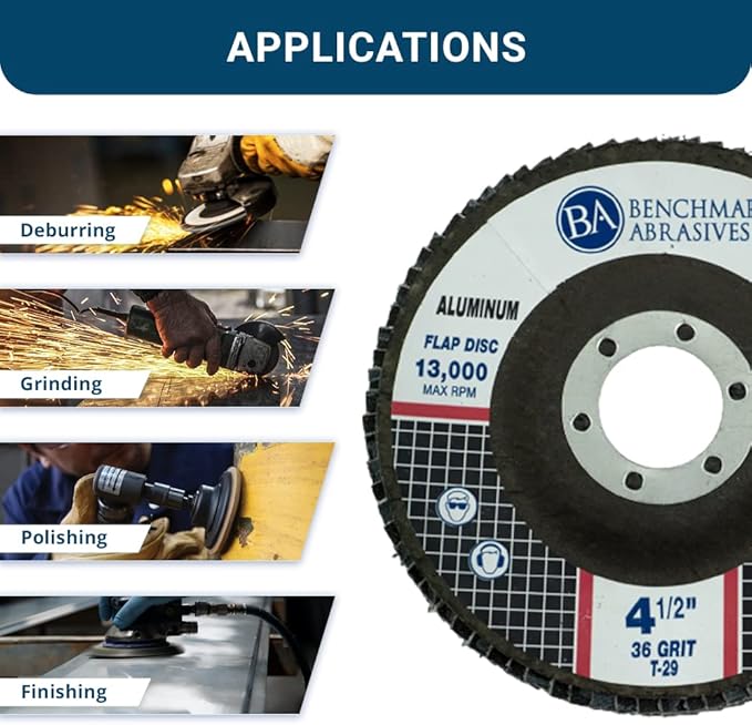 Benchmark Abrasives 4.5" x 7/8" Stearate Coated Type 29 Flap Discs for Aluminum or Other Soft Metals, Angle Grinder Discs for Sanding, Finishing, Grinding, Deburring (10 Pack) - 60 Grit