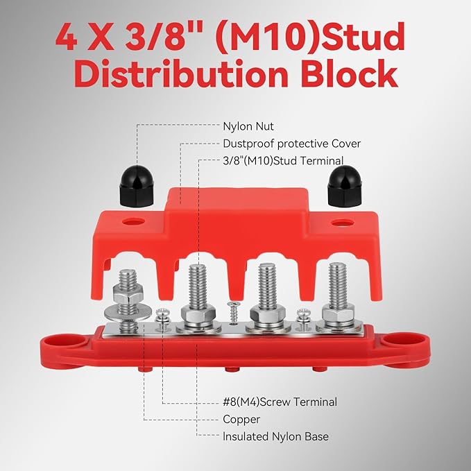 Heart Horse Power Distribution Block Bus Bar 3/8'' Terminal Stud 4 Post with Cover 250 Amp Rating for Marine Automotive and Solar Wiring RV Boat (250A, 3/8'', Red+Black)