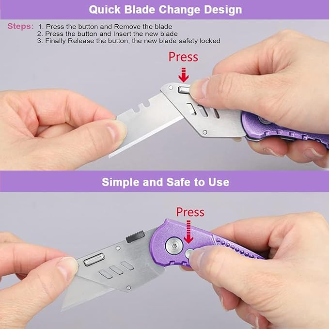 Vickay Folding Utility Knife, Box Cutter with 5 SK5 Quick Change Blades, Safety Axis Lock Design Razor Knife, Lightweight Aluminum Handle Belt Clip for Office Home Artcraft （Light Purple)