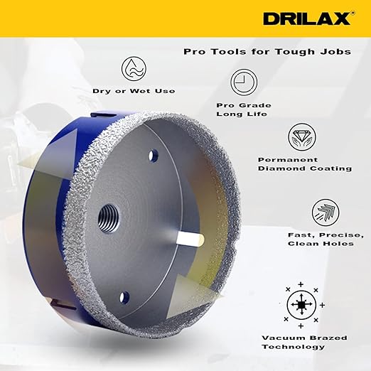 Drilax Pro Series 4 Inch Diamond Hole Saw | Angle Grinder (5/8"-11) & Drill (Adapter Incl.) | 1-3/8" Depth | Dry Drill for Dryer Vents, HVAC, Large Pipes, Core Sampling | Long Life