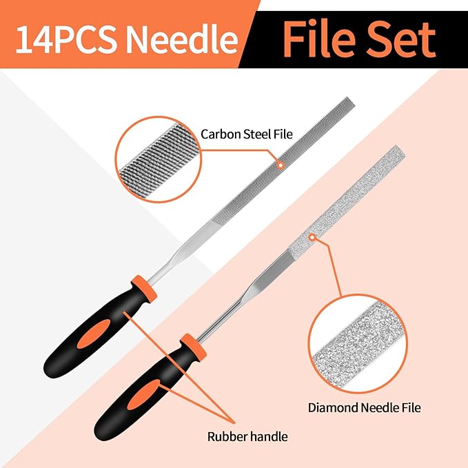 KUZURYU 14PCS Needle File Set - Small Diamond Files with 6 Jeweler's Files & 6 Steel Files （150mm）for DIY, Jewelry, Plastic, Wood & Metal Crafting – with Storage Bag & Steel Brush
