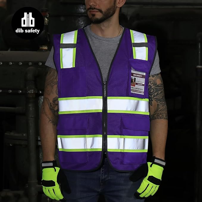 Dib Safety Reflective Mesh Vest High Visibility Two Tone with Pockets and Zipper, Purple Mesh with Yellow Trim XL
