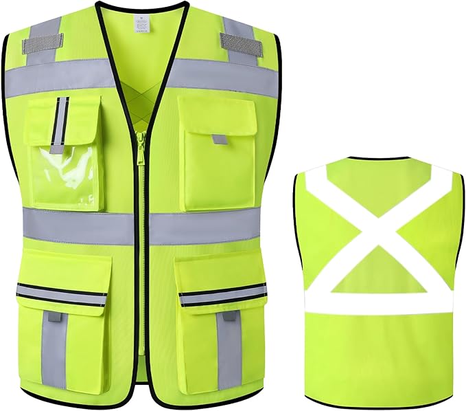 Class 2 Safety Vest with Zipper Front and multiple Pockets, High Visibility Vest, Meets ANSI/ISEA Standards