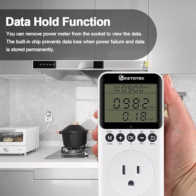 KETOTEK Watt Meter Power Meter Plug Electricity Usage Monitor for Home, Energy Monitor with LCD Display, Kilowatt Meter Socket Outlet, Voltage Amps Power Consumption Meter, Overload Protection