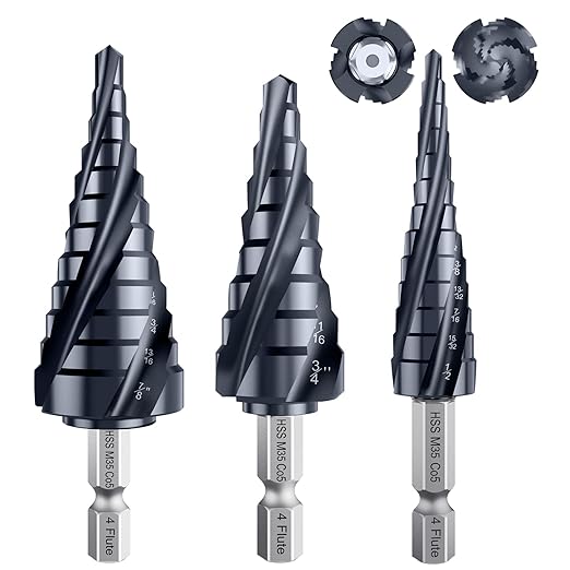 𝗠𝗔𝗖𝗫𝗖𝗢𝗜𝗣 𝗙𝗼𝘂𝗿 𝗦𝗽𝗿𝗶𝗮𝗹 𝗙𝗹𝘂𝘁𝗲 M35 Cobalt Step Drill Bit, 1/8"-7/8" (3PCS) Ultra 𝗧𝗶𝗔𝗜𝗡 Coated, 1/4" Hex Shank Drill Bit for Metal, Stainless Steel, Aluminum, Copper, Wood, PVC