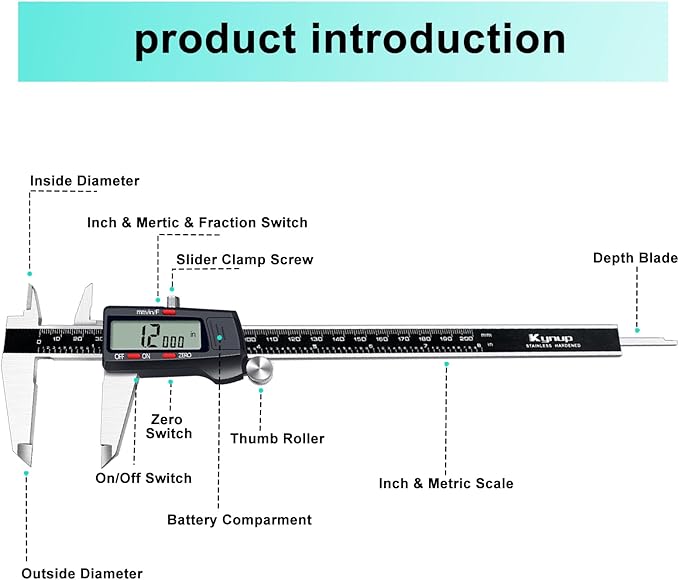 Kynup Digital Caliper, 8 Inch Micrometer Caliper Tool, Vernier Caliper with Stainless Steel Body, Large LCD Screen, Auto - Off Feature, Inch Metric Fraction Conversion (200mm)