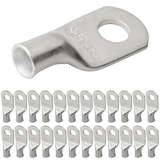 SELTERM 25pcs 8 AWG 1/4" Stud Marine Grade Tinned Copper Battery Cable Lugs, 8 Gauge Ring Terminals, UL Wire Lugs Electrical Battery Cable Ends, Tinned Copper Lugs Battery Terminal Connectors
