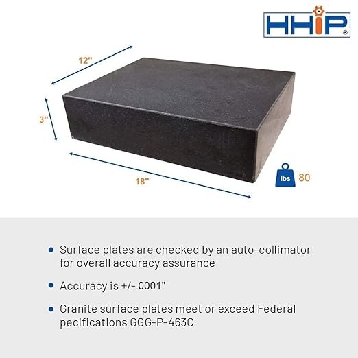 HHIP 4401-0012 Granite Surface Plate, Grade B, Ledge 0, 18" x 12" x 3"