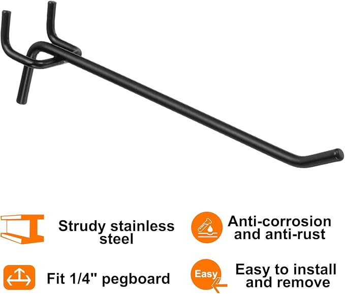 HARFINGTON 10pcs Pegboard Shelving Hooks 6" Stainless Steel Peg Board Display Hook Hanging Holders Wall Mount Organize Tools for Workbench Garage Kitchen Store, Black