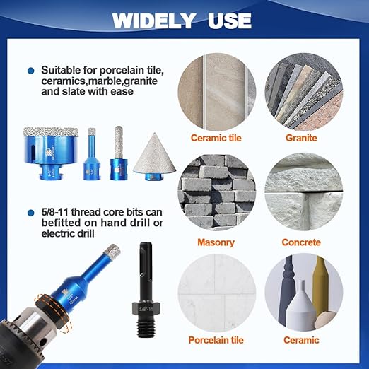 Diamond Core Drill Bit Set for Porcelain Tile Ceramic Marble Granite Drilling,BRSCHNITT 9pcs Vacuum Brazed Diamond Hole Saw with 5/8-11 Thread （1/4" 3/8" 4/5" 1-3/8" 2" 2-1/2"）