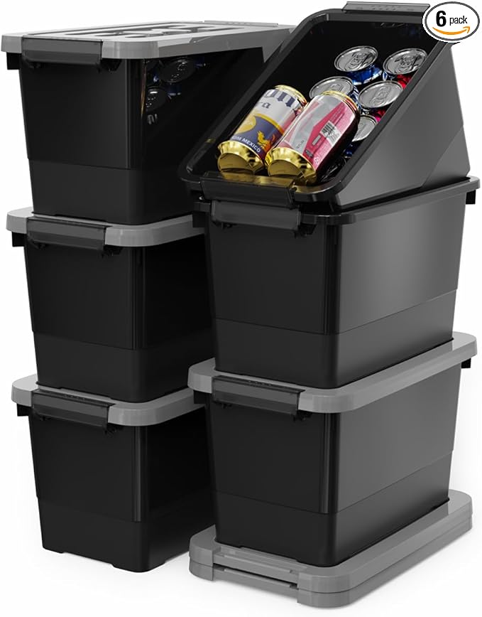 WYT 7 Quart Storage Bins with Lids and Latch, 6-Pack Stackable Plastic Organizing Box with Buckle and Handle, Durable Nestable Totes Containers (Black/Grey)