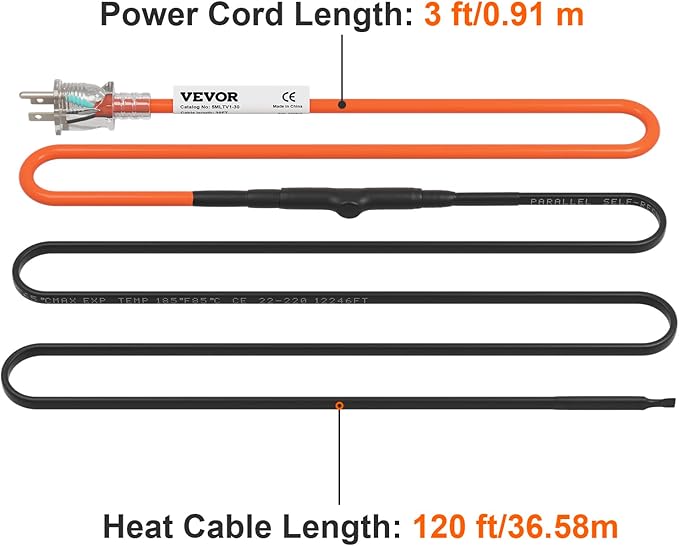 VEVOR Self-Regulating Pipe Heating Cable, 120-feet 5W/ft Heat Tape for Pipes Freeze Protection, Protects PVC Hose, Metal and Plastic Pipe from Freezing, 120V